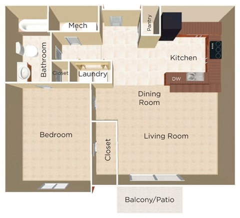Floor plan for 1 bed, 1 bath, 665 sqft